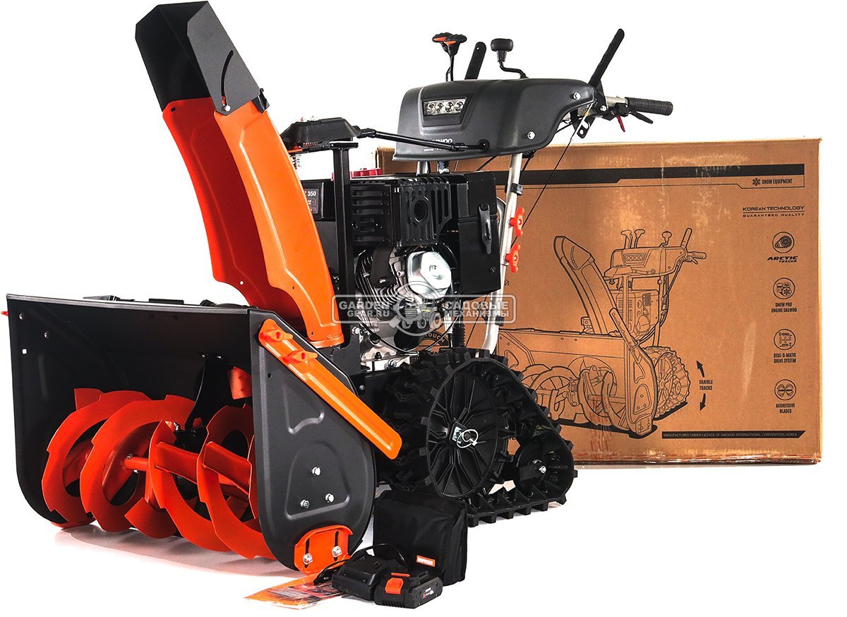 Снегоуборщик Daewoo DAST 430 гусеничный (PRC, 76 см, Daewoo WXE 350, 310 см3, запуск от аккумулятора, фара, гусеницы Arctic track, 125 кг.)