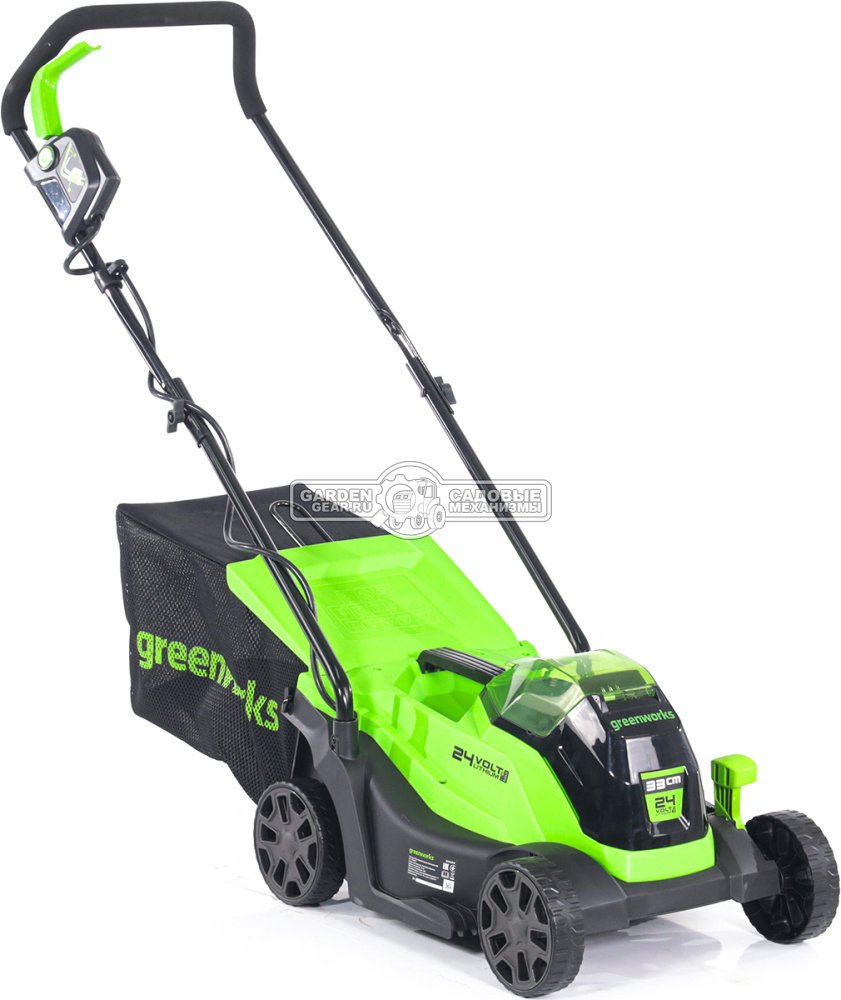 Газонокосилка аккумуляторная GreenWorks GD24LM33 с АКБ 4 А/ч и ЗУ (PRC, BL 24В, 33 см, пластик, мульчирование, травосборник 30 л, 9.5 кг)