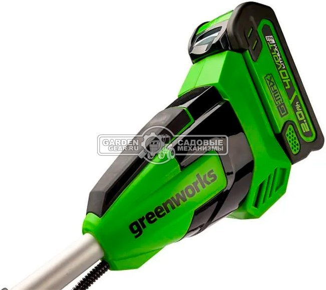 Мотокоса аккумуляторная GreenWorks GD40BCB с АКБ 8 А/ч и ЗУ (PRC, BL 40В, верхнее расп.двигателя, 4Т нож + леска 2.0 мм, Т-рукоятка, ремень, 4.5 кг)
