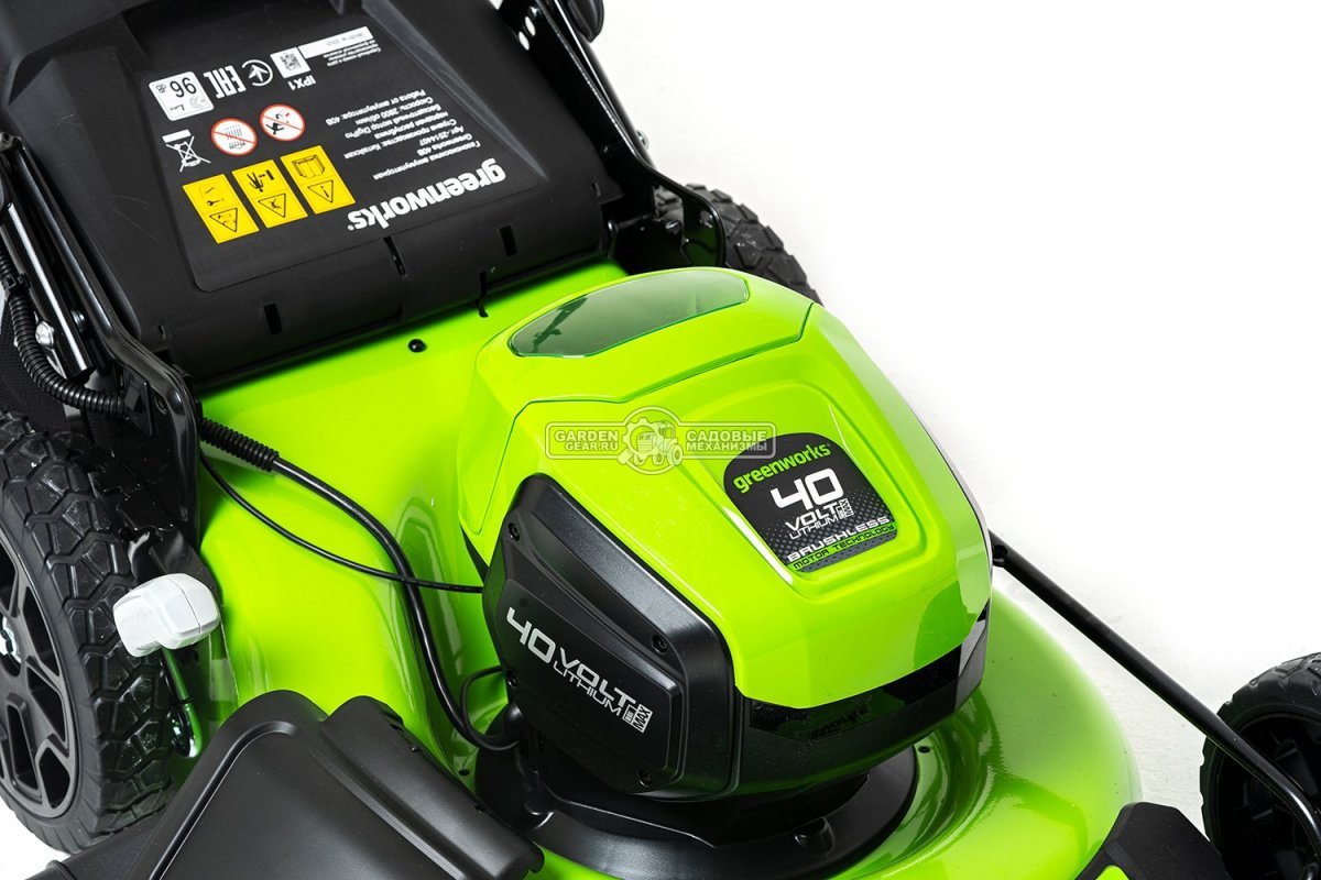 Газонокосилка аккумуляторная GreenWorks GD40LM46HP с АКБ 4 А/ч и ЗУ (PRC, BL 40В, 46 см, сталь, 3 в 1, 55 л, 25 кг)