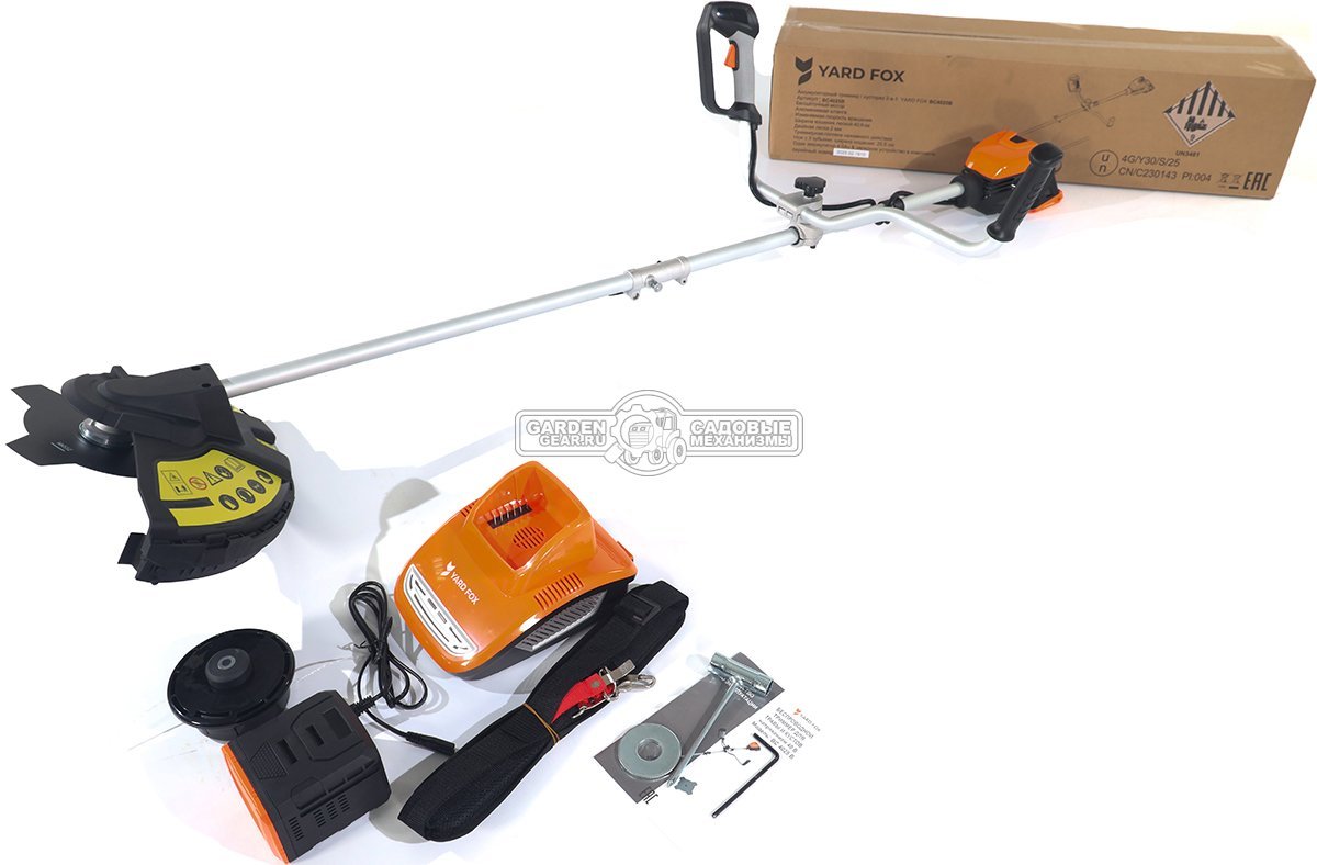 Мотокоса аккумуляторная Yard Fox BC4025B SET с АКБ 4.0 А/ч и ЗУ (PRC, 40В, BL, нож 3T + леска 2.0 мм, разъем, Т-ручка, 6.0 кг)