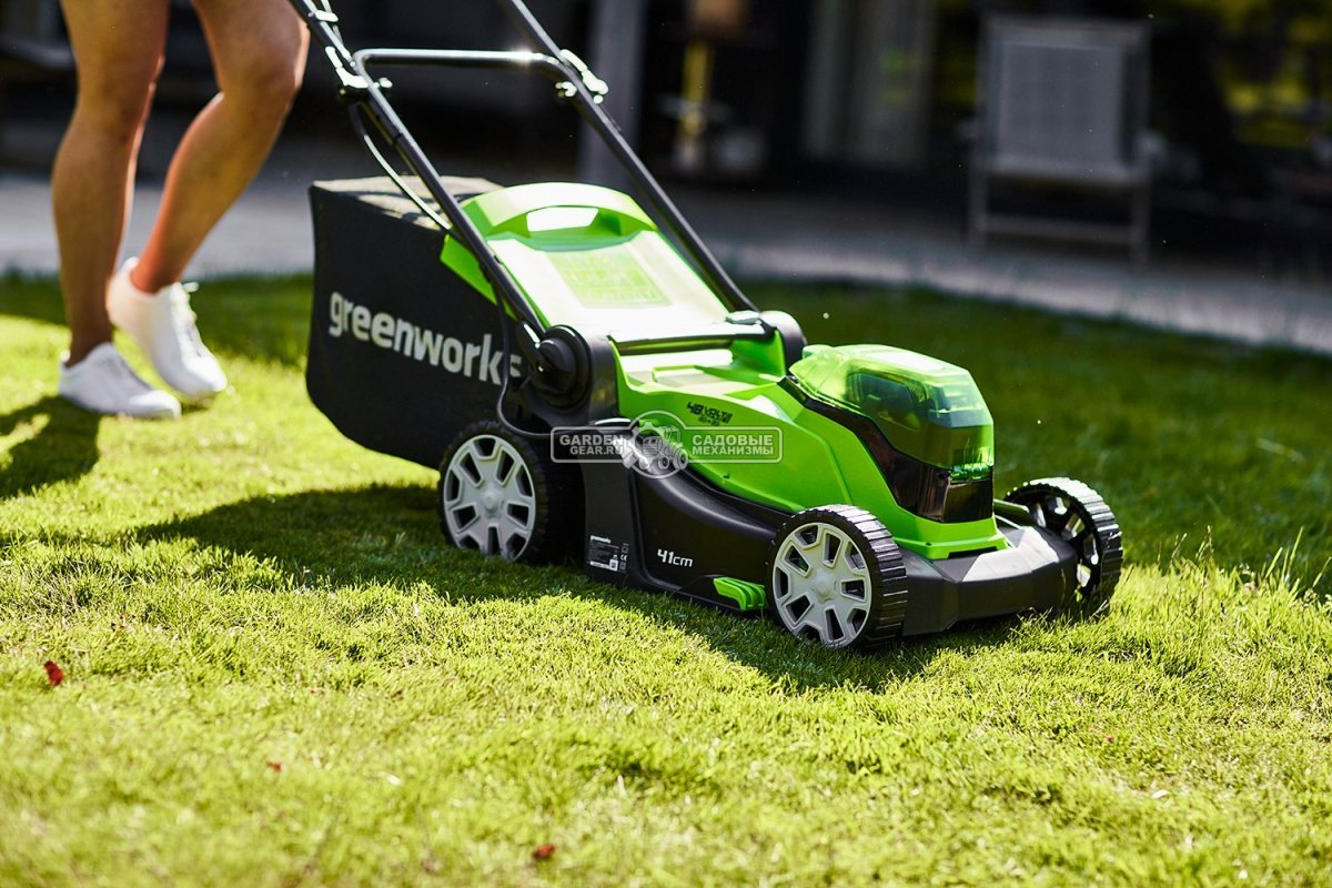 Газонокосилка аккумуляторная GreenWorks G24X2LM41 с 2 АКБ 4 А/ч и ЗУ (PRC, 2х24В, 41 см, пластик, мульчирование, 50 л, 18 кг)