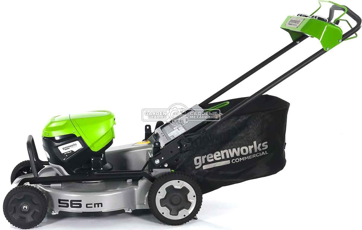 Газонокосилка аккумуляторная самоходная GreenWorks LM221S без АКБ и ЗУ (PRC, BL 82В, 56 см, 4.0 кВт, алюминий, 2 слота для АКБ, мульч., 65 л, 53 кг)