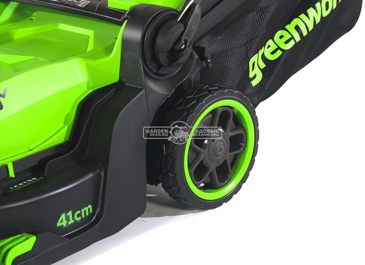 Газонокосилка аккумуляторная GreenWorks GD40LM411 без АКБ  и ЗУ (PRC, BL 40В, 41 см, пластик, мульчирование, 60 л, 16.5 кг)