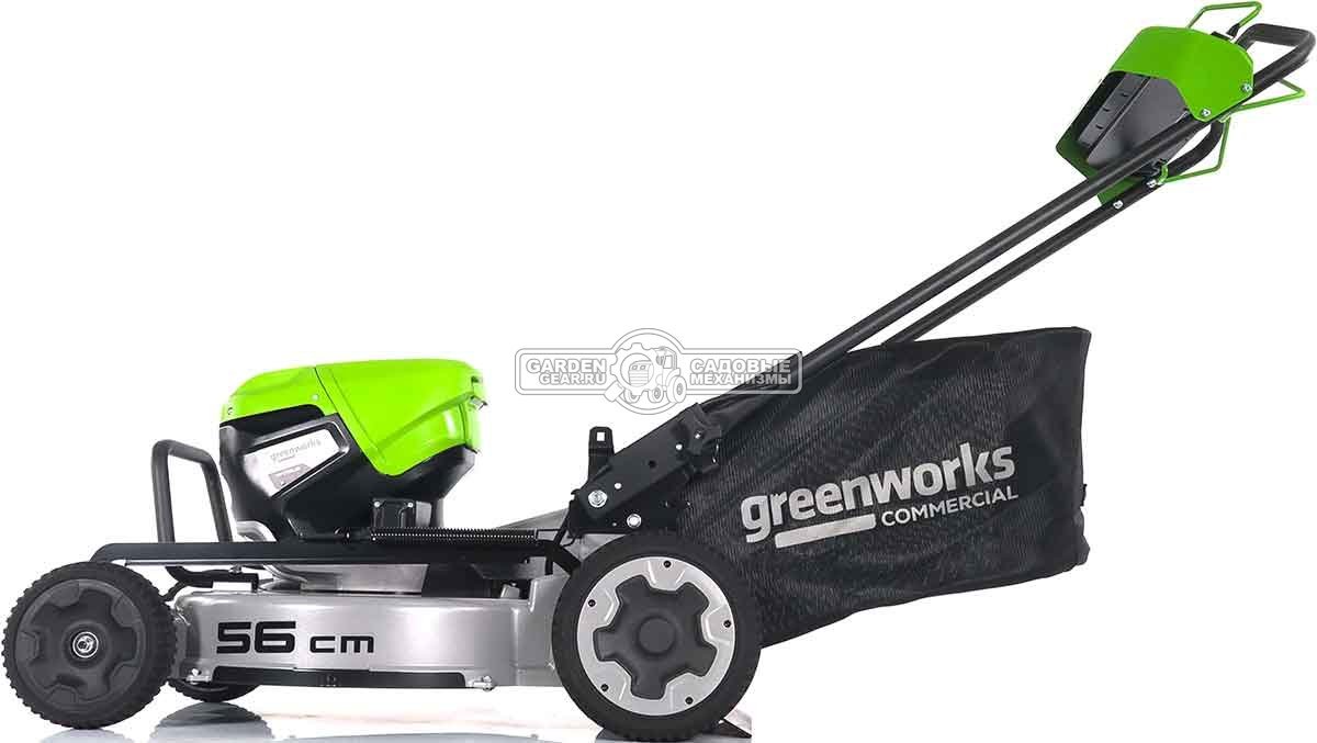 Газонокосилка аккумуляторная самоходная GreenWorks LM221S без АКБ и ЗУ (PRC, BL 82В, 56 см, 4.0 кВт, алюминий, 2 слота для АКБ, мульч., 65 л, 53 кг)