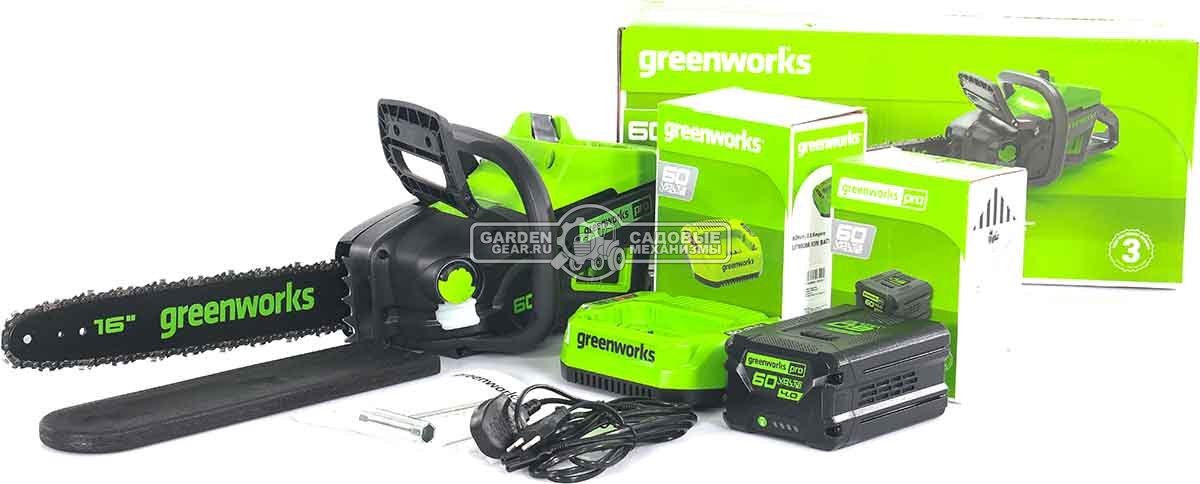 Пила аккумуляторная цепная GreenWorks GD60CS25 16" c АКБ 4 А/ч и ЗУ (PRC, BL 60В, 3/8"-1.3-56E, 4.7 кг)