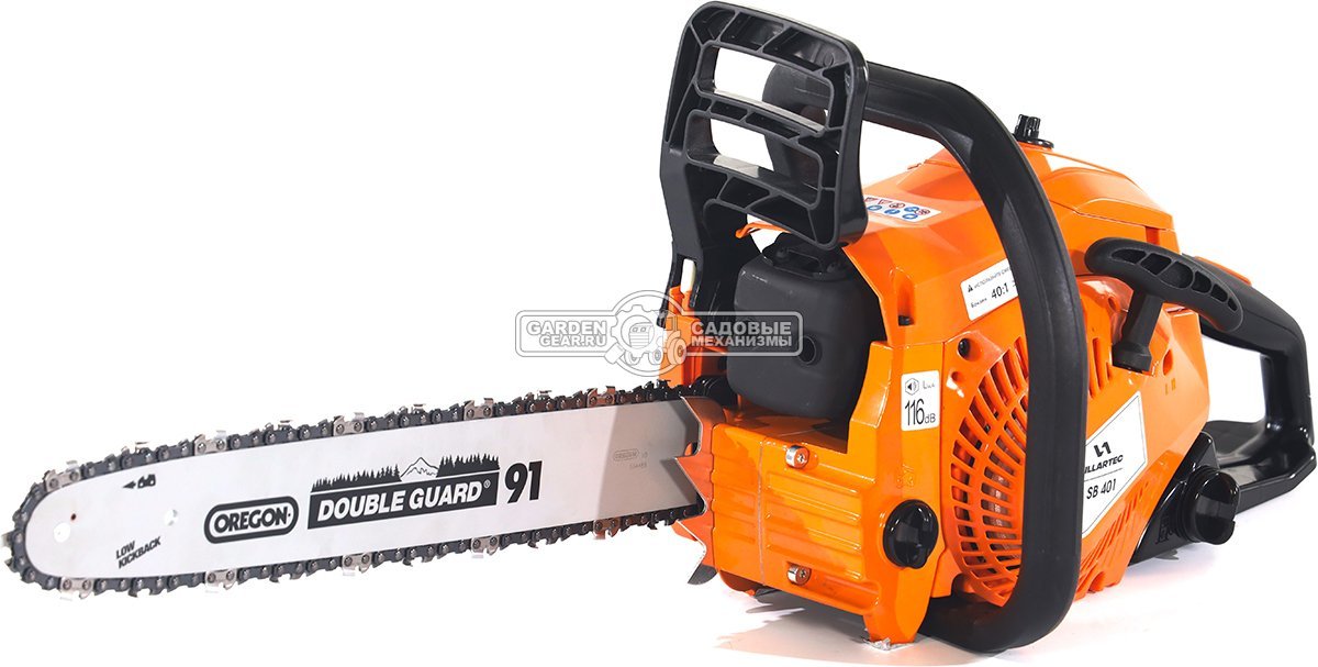 Бензопила Villartec SB401 16" + 2Т 100 мл, масло д/цепи 1 л, запасная цепь (PRC, 40.2 куб.см., 1,8 кВт/ 2.4 л.с., 3/8"-1.3-56E, 4.8 кг)