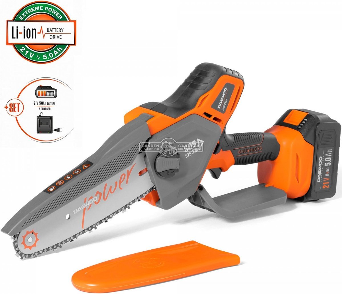 Аккумуляторный цепной сучкорез - минипила Daewoo DACS 821Li 8" SET с АКБ 4 А/ч и ЗУ (PRC, 21В, 1/4"-1.1-48E, 2.1 кг)