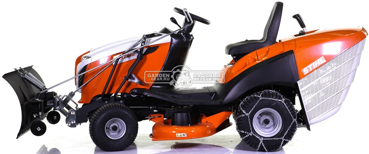 Снегоуборочный трактор для дачи Stihl RT 5097.1 с отвалом и цепями (AUT, Stihl EVC 4000, 452 куб.см., гидростатика, травосборник 250 л., 228 кг.)