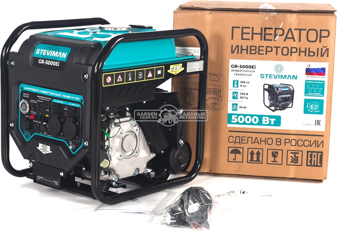 Бензиновый генератор инверторный Steviman GR-5000Ei (RUS, 236 см³, 9 л.с.,4.5/5.0 кВт, стартер ручной/электро, бак 12 л., АВР, 30 кг)
