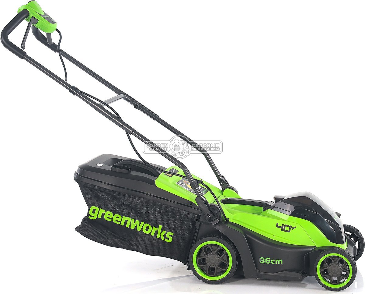 Газонокосилка аккумуляторная GreenWorks GD40LM361 без АКБ и ЗУ (PRC, BL 40В, 36 см, пластик, мульчирование, 40 л, 13 кг)