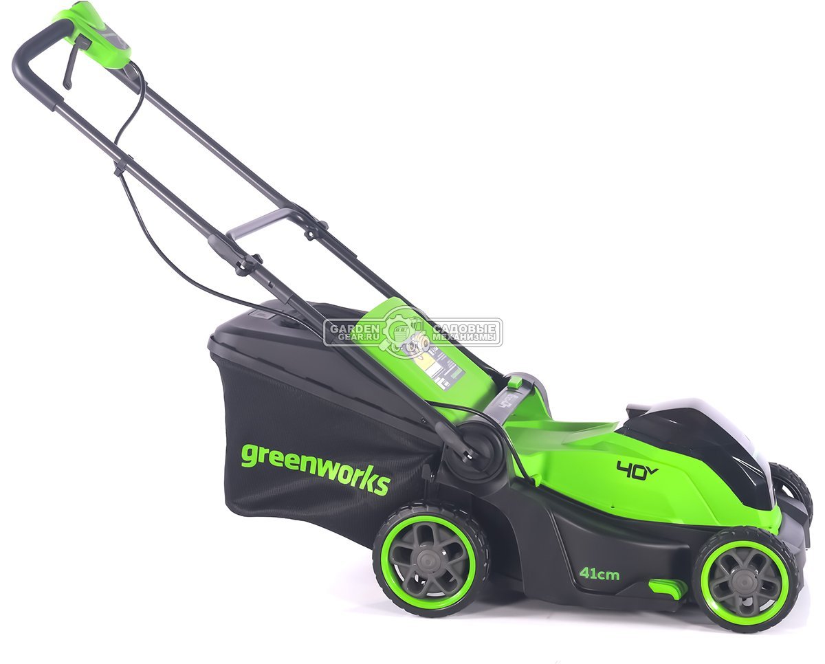Газонокосилка аккумуляторная GreenWorks GD40LM411 с АКБ 5 А/ч и ЗУ (PRC, BL 40В, 41 см, пластик, мульчирование, 60 л, 16.5 кг)