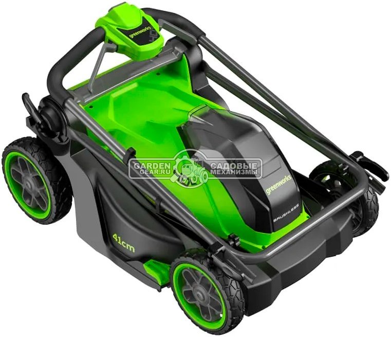 Газонокосилка аккумуляторная GreenWorks GD40LM411 с АКБ 4 А/ч и ЗУ (PRC, BL 40В, 41 см, пластик, мульчирование, 60 л, 16.5 кг)