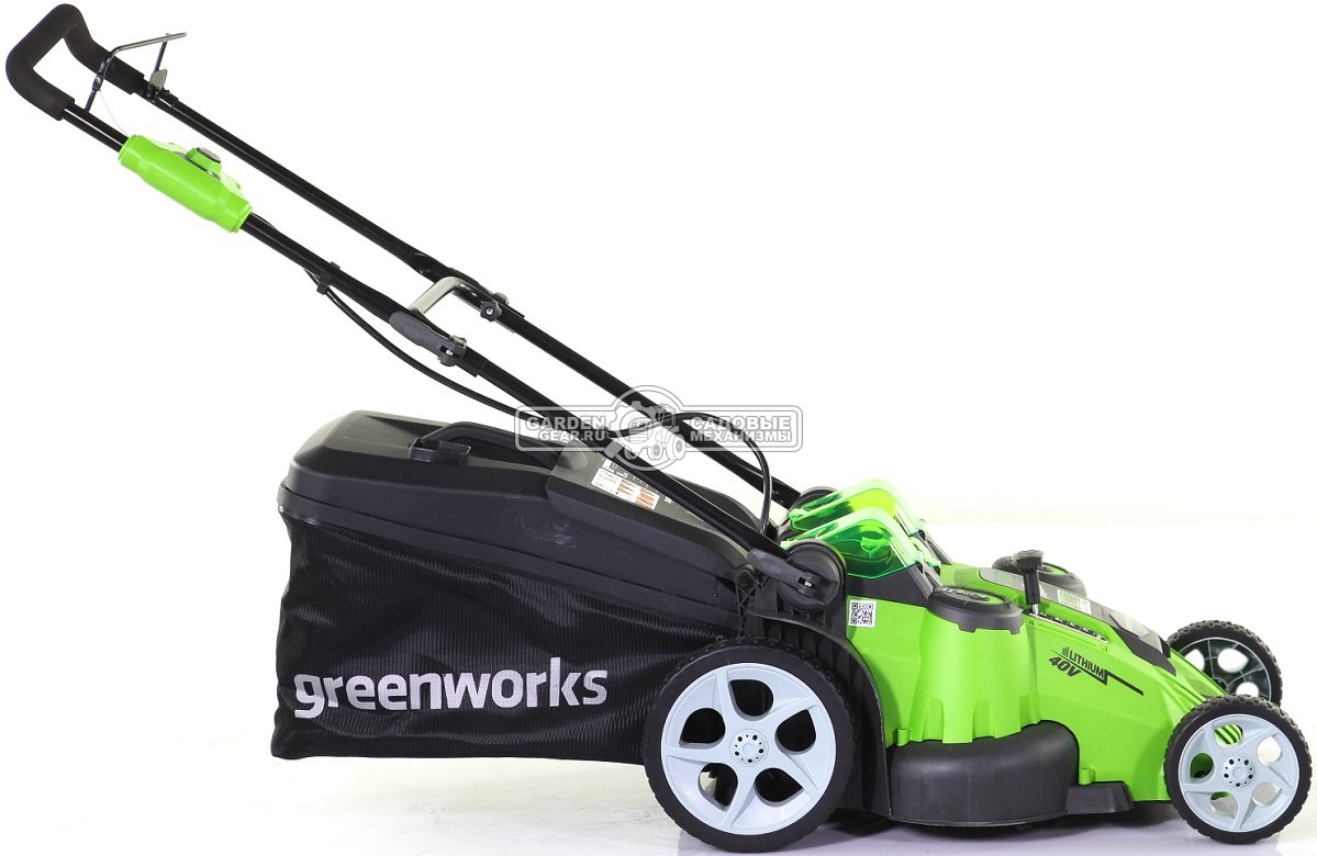 Газонокосилка аккумуляторная GreenWorks G40LM49DBK4 Twin Force с АКБ 4 А/ч и ЗУ (PRC, 40В, 49 см, 2 слота для АКБ, пластик, мульчир., 60 л, 19.3 кг)