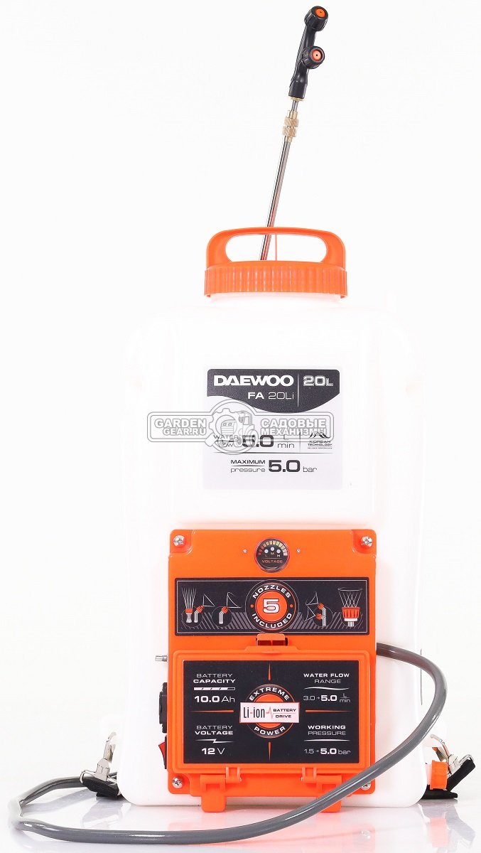 Опрыскиватель аккумуляторный Daewoo FA 20Li (PRC, Li-Ion, 12В/10 Ач, 20 л, 5 Бар, ранцевый ремень, 6.2 кг)