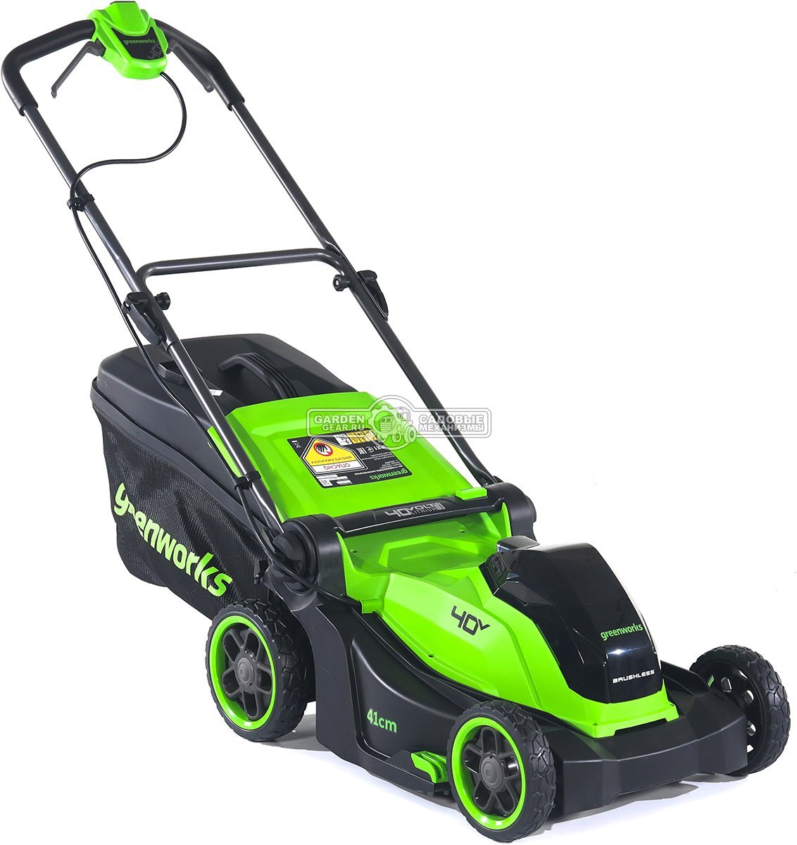 Газонокосилка аккумуляторная GreenWorks GD40LM411 без АКБ  и ЗУ (PRC, BL 40В, 41 см, пластик, мульчирование, 60 л, 16.5 кг)