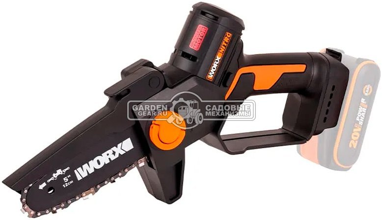 Аккумуляторный цепной сучкорез - минипила Worx WG325E с АКБ 2 А/ч и ЗУ (PRC, BL 20В, шина 5"/12.7 см, 1/4"-1.1-28Е, 1.1 кг)