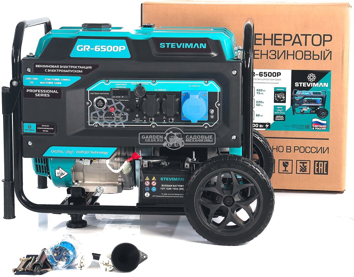 Бензиновый генератор Steviman GR-6500Р (RUS, 420 см3, 6.0/6.5 кВт, 25 л, электростарт + разъем АВР, колеса, 86 кг)