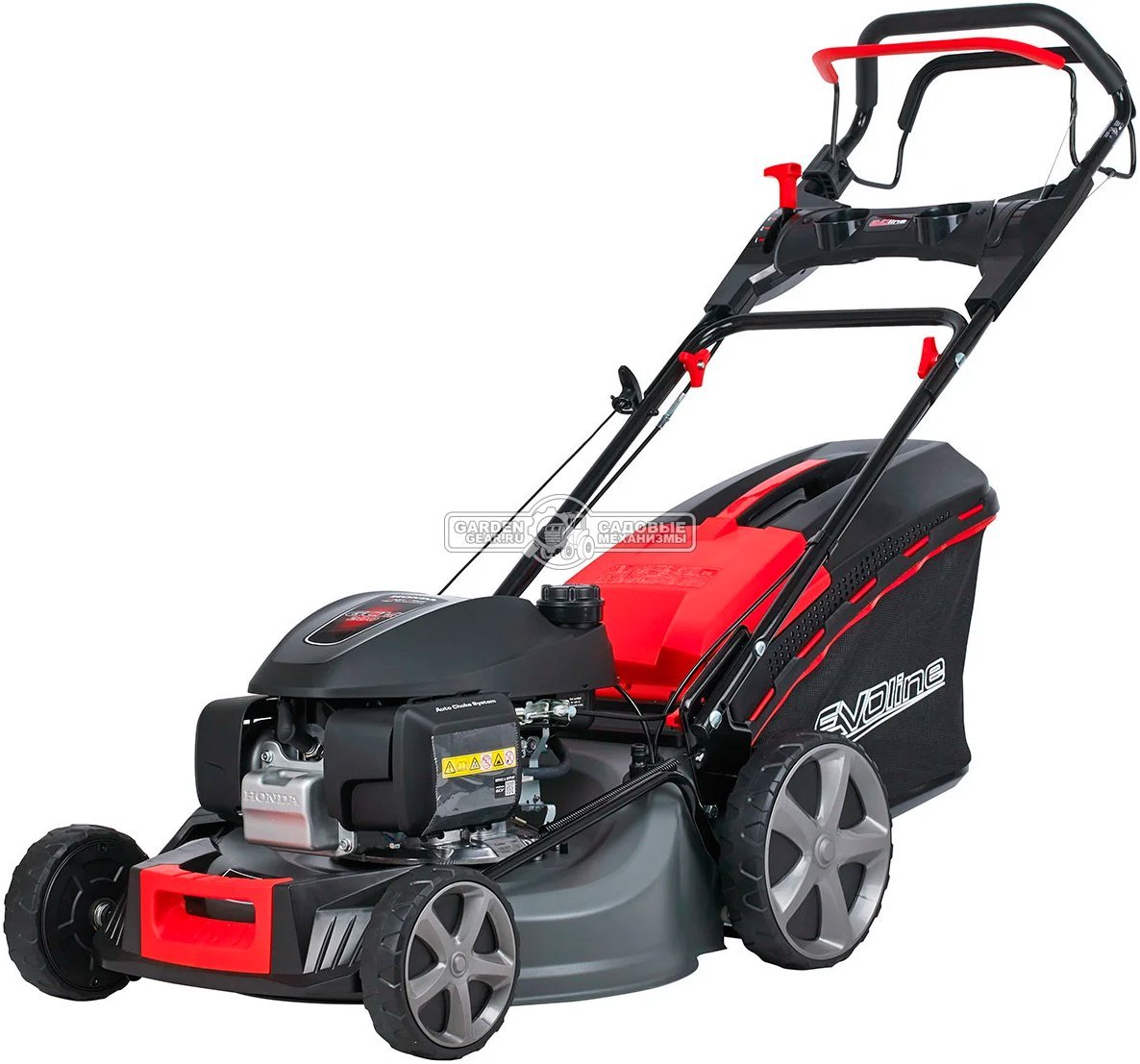Газонокосилка бензиновая EVOline LMG 53 CVH (PRC, 53 см, Honda GCV 200, 201 см3, вариатор, 4 в 1, 70 л, сталь, 40 кг)