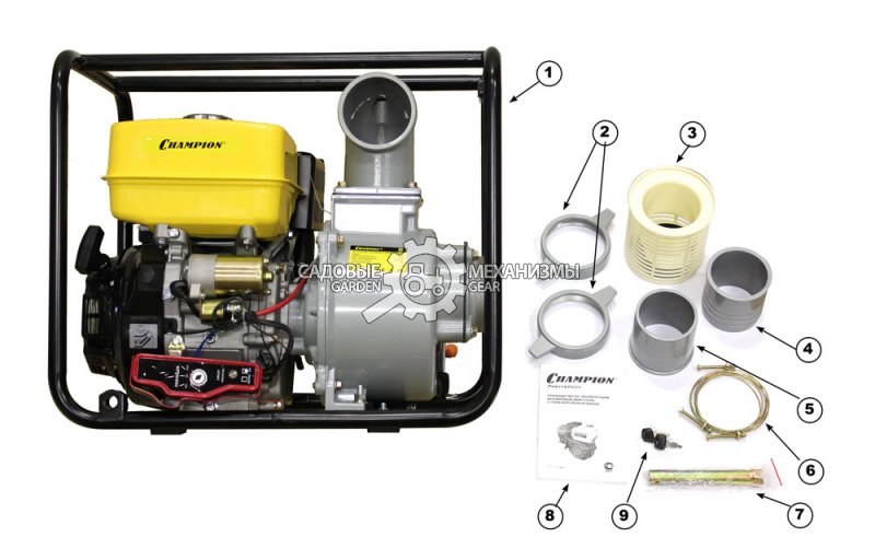 Мотопомпа бензиновая Champion GP100E для слабозагрязнённых жидкостей (PRC, Champion, 270 куб.см., 1600 л/мин., 4&quot;, 16 м, 49,5 кг.)