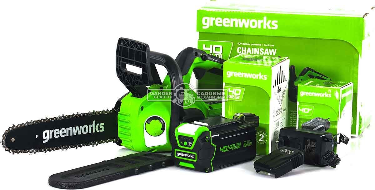 Пила аккумуляторная цепная GreenWorks G40CS30II 12" c АКБ 4 А/ч и ЗУ (PRC, 40В, 3/8"-1.1-52E, 2.74 кг)