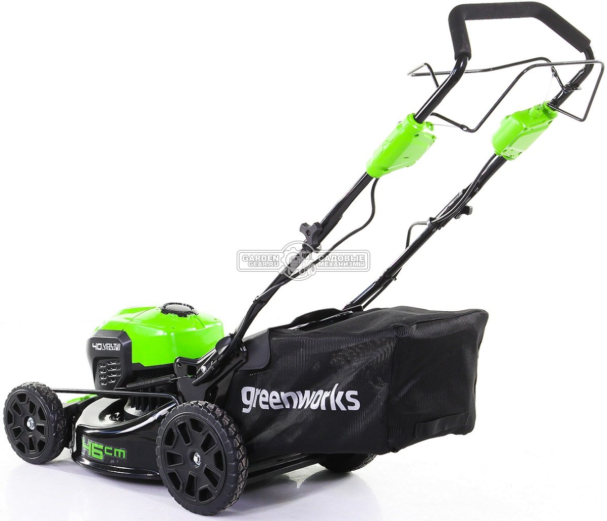 Газонокосилка аккумуляторная самоходная GreenWorks GD40LM46SP с АКБ 5 А/ч и ЗУ (PRC, BL 40В, 46 см, 2 слота для АКБ, сталь, 4 в 1, 55 л, 29 кг)