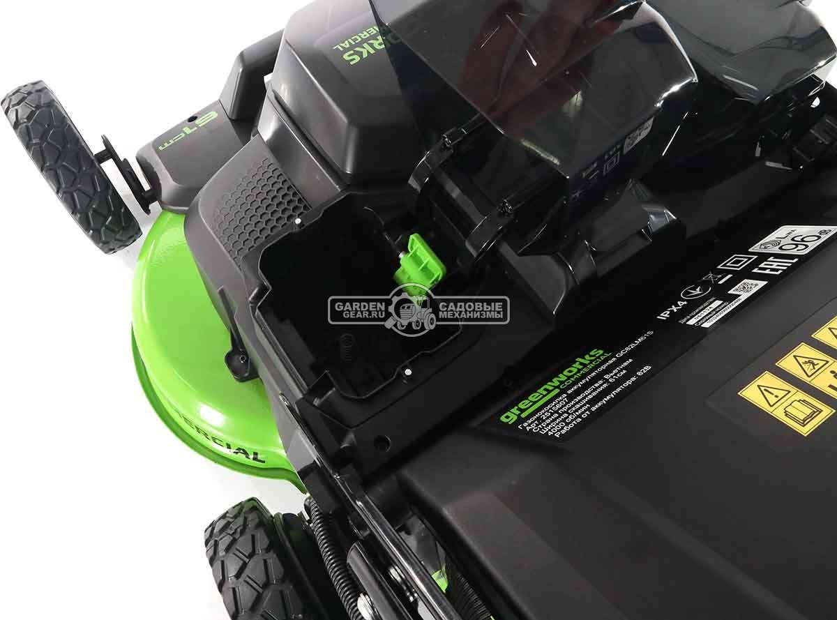 Газонокосилка аккумуляторная самоходная GreenWorks GC82LM61S TwinForce без АКБ и ЗУ (PRC, BL 82В, 61 см, сталь, 2 слота для АКБ, мульч., 70 л, 32 кг)