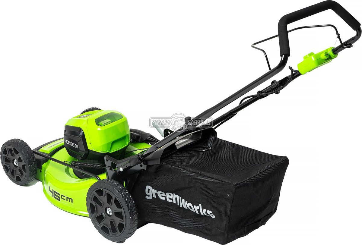 Газонокосилка аккумуляторная GreenWorks GD40LM46HP с АКБ 4 А/ч и ЗУ (PRC, BL 40В, 46 см, сталь, 3 в 1, 55 л, 25 кг)