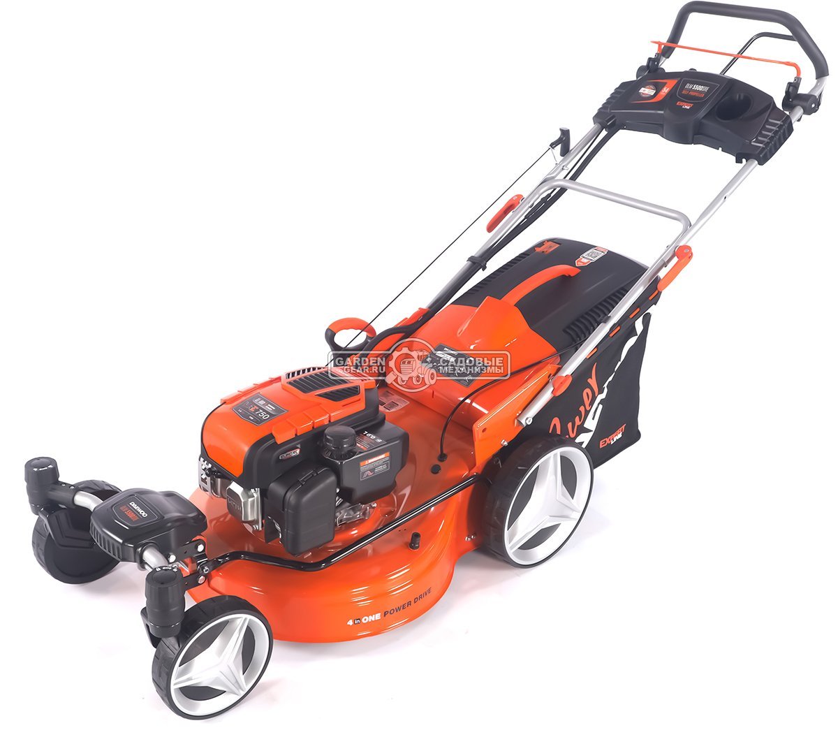 Газонокосилка бензиновая Daewoo DLM 5500SRE с рояльными колесами и эл.запуском (PRC, 54 см, Daewoo 190 см3, TURBO X BLADE, 70 л, сталь, 4 в 1, 36 кг)