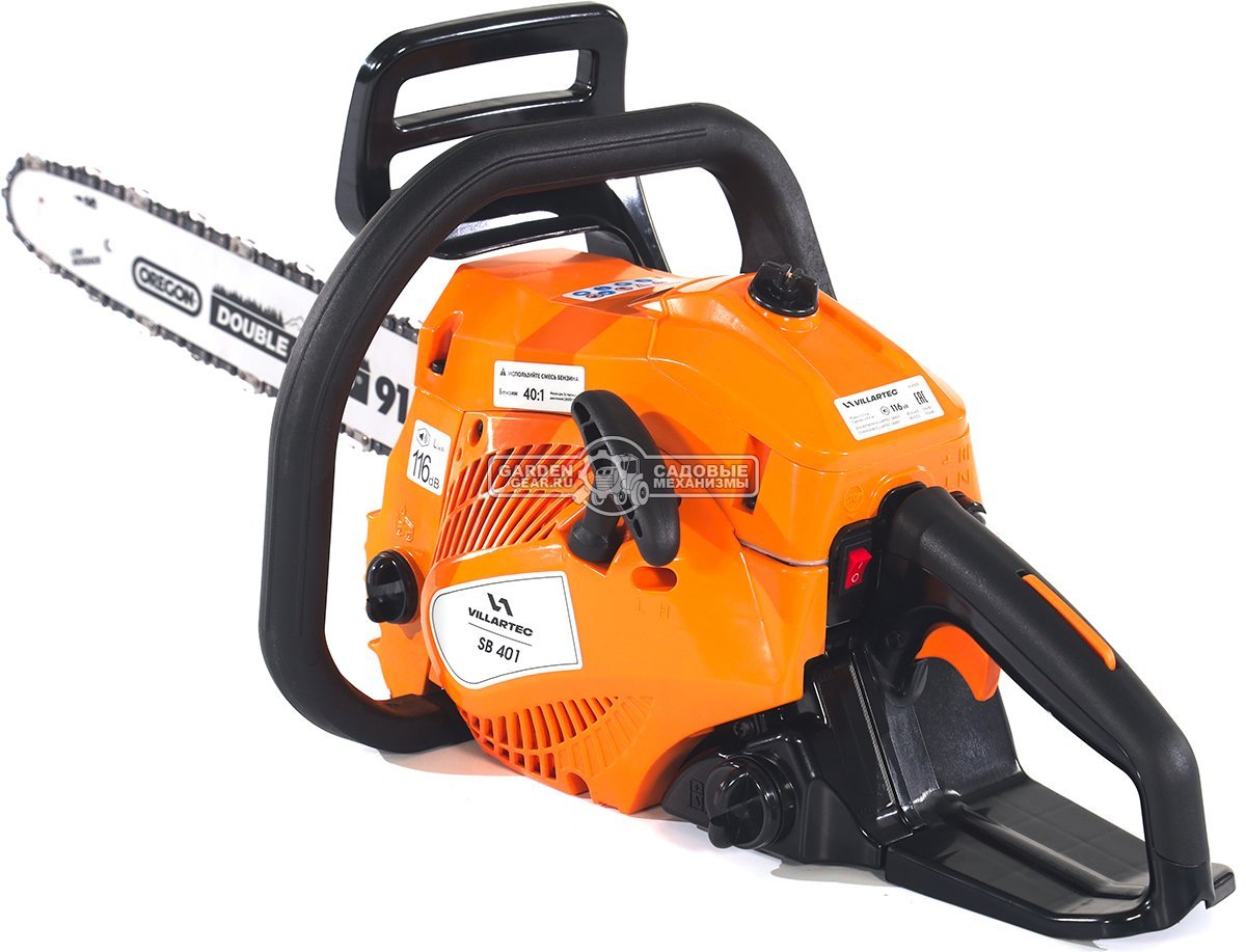 Бензопила Villartec SB401 16" + 2Т 100 мл, масло д/цепи 1 л, запасная цепь (PRC, 40.2 куб.см., 1,8 кВт/ 2.4 л.с., 3/8"-1.3-56E, 4.8 кг)