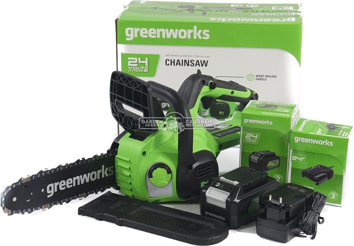 Пила аккумуляторная цепная GreenWorks G24CS25 10&quot; c АКБ 4 А/ч и ЗУ (PRC, 24В, 3/8&quot;-1.1-46E, 2.7 кг)