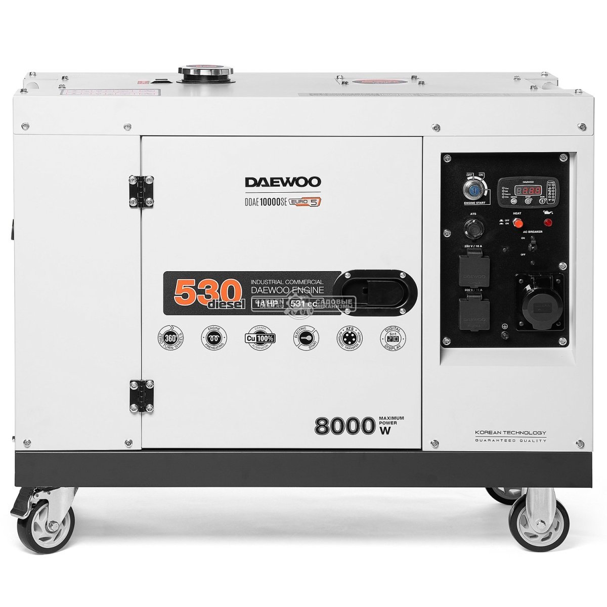 Дизельный генератор Daewoo DDAE 10000SE 2024 в шумозащитном кожухе (PRC, 531 см3, 14 л.с., 7.2/8.0 кВт, электростарт, колеса, ATS, 16 л, 160 кг)