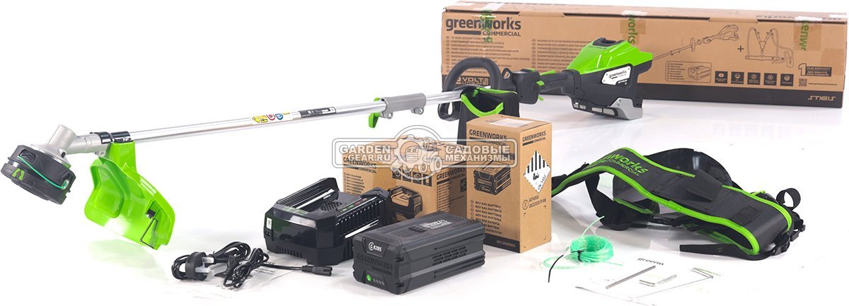 Триммер аккумуляторный GreenWorks ST161S с АКБ 5 А/ч и ЗУ (PRC, BL 82В, 1.6 кВт, леска 2.4 мм, D-рукоятка, ремень, разъем, 5.7 кг)
