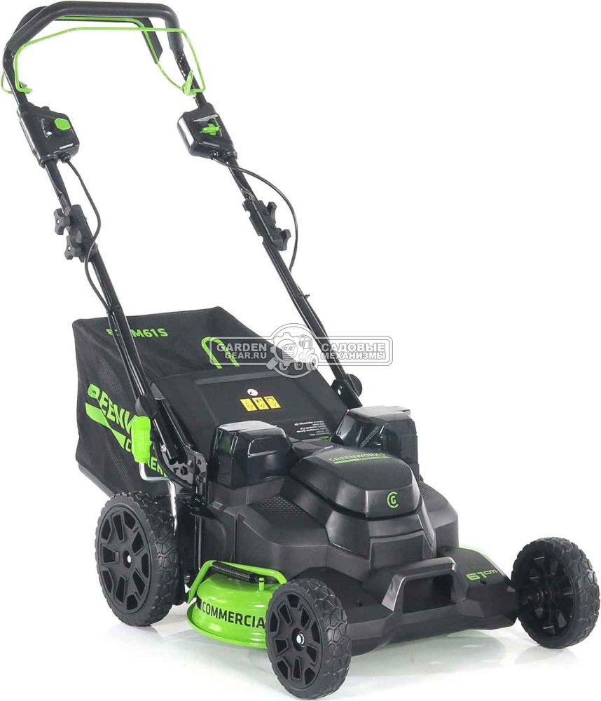 Газонокосилка аккумуляторная самоходная GreenWorks GC82LM61S TwinForce без АКБ и ЗУ (PRC, BL 82В, 61 см, сталь, 2 слота для АКБ, мульч., 70 л, 32 кг)