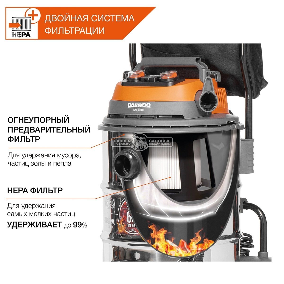 Пылесос Daewoo DAVC 6030S для сухой и влажной уборки (PRC, 3,2 кВт, 4500 л/мин, 300 мбар, контейнер 60 л., шланг 5 м., 20,5 кг.)