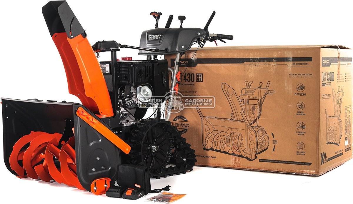 Снегоуборщик Daewoo DAST 430 (EFI) гусеничный (PRC, 76 см, Daewoo WXE 350 EFI, 310 см3, запуск от аккумулятора, фара, гусеницы Arctic track, 125 кг.)
