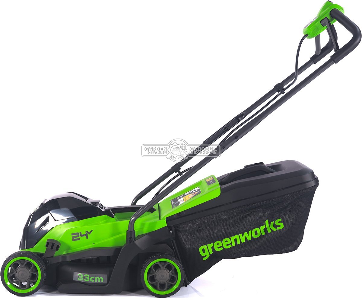 Газонокосилка аккумуляторная GreenWorks GD24LM331 с АКБ 4 А/ч и ЗУ (PRC, BL 24В, 33 см, пластик, мульчирование, травосборник 30 л, 9.9 кг)