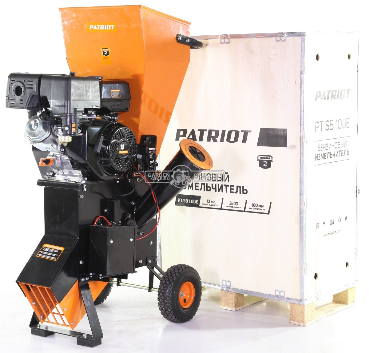 Садовый измельчитель веток бензиновый Patriot PT SB 100 E с электрозапуском (PRC, Loncin, 389 см3, ветки до 100 мм, 108 кг)