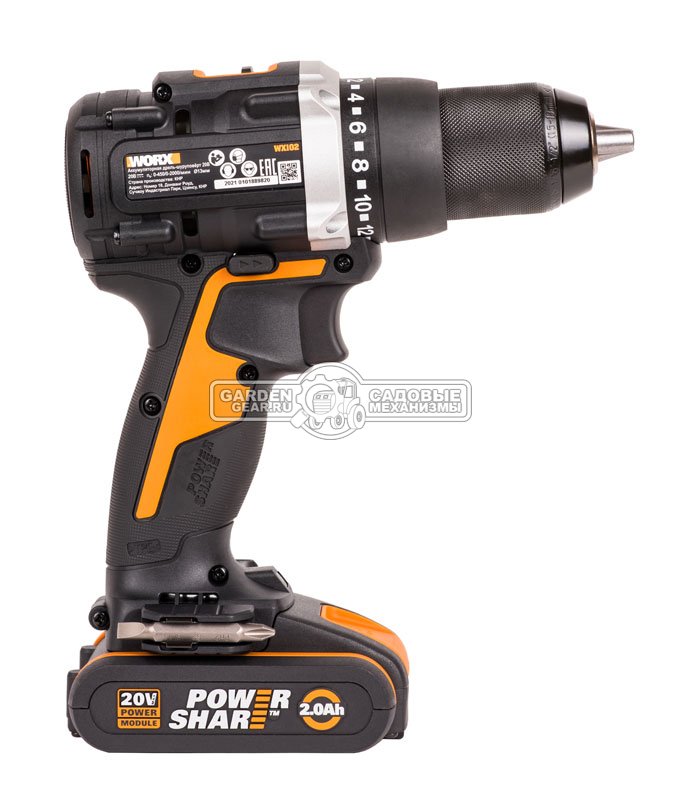Дрель - шуруповерт аккумуляторная Worx WX102 с 2 АКБ 2 А/ч и ЗУ (PRC, 20В, BL, 60 Нм, кейс, 1.5 кг)