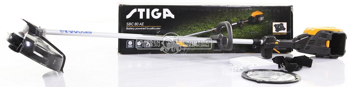 Мотокоса аккумуляторная Stiga SBC 80 AE без АКБ и ЗУ (PRC, Li-ion, 80V, петл. ручка, прямой разборный вал, леска 2,0 мм. + нож 4T, 4,6 кг.)