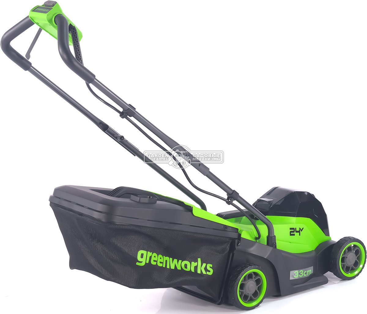 Газонокосилка аккумуляторная GreenWorks GD24LM331 с АКБ 4 А/ч и ЗУ (PRC, BL 24В, 33 см, пластик, мульчирование, травосборник 30 л, 9.9 кг)