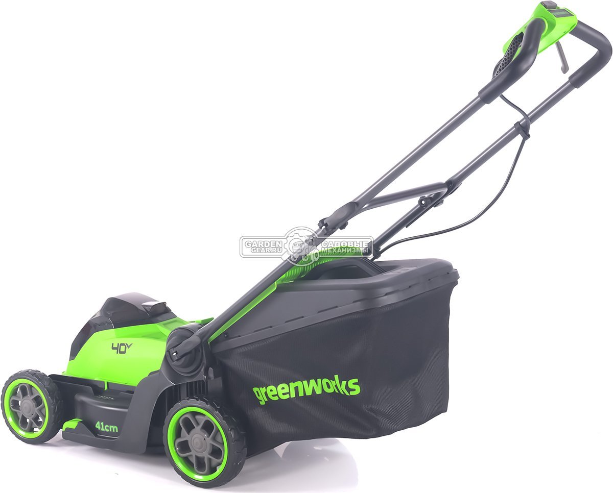 Газонокосилка аккумуляторная GreenWorks GD40LM411 с АКБ 5 А/ч и ЗУ (PRC, BL 40В, 41 см, пластик, мульчирование, 60 л, 16.5 кг)