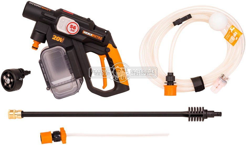 Аккумуляторная мойка высокого давления Worx WG633E с АКБ 4 А/ч и ЗУ (PRC, BL 20В, 25/38 бар, 220 л/час, шланг 6 м, 1.54 кг)