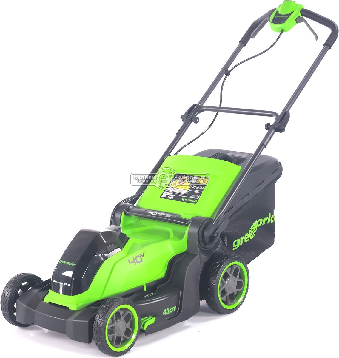 Газонокосилка аккумуляторная GreenWorks GD40LM411 с АКБ 5 А/ч и ЗУ (PRC, BL 40В, 41 см, пластик, мульчирование, 60 л, 16.5 кг)