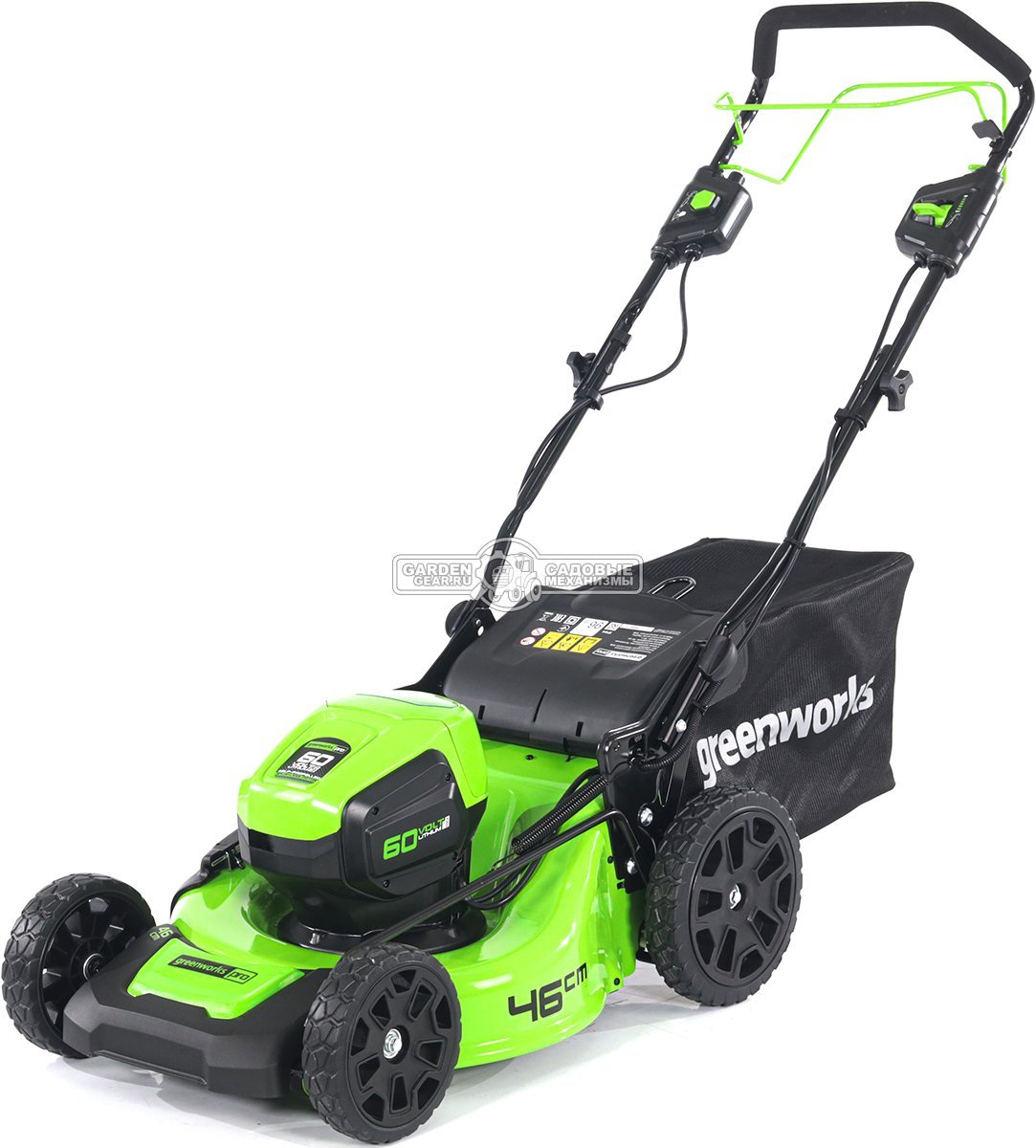 Газонокосилка аккумуляторная самоходная GreenWorks GD60LM46SP с АКБ 4 А/ч и ЗУ (PRC, BL 60В, сталь, 46 см, 3 в 1, 52 л, 28 кг)