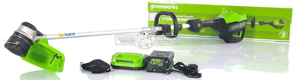 Триммер аккумуляторный GreenWorks GD60LT с АКБ 4 А/ч и ЗУ (PRC, BL 60В, леска 2.0 мм, D-рукоятка, 3.6 кг)