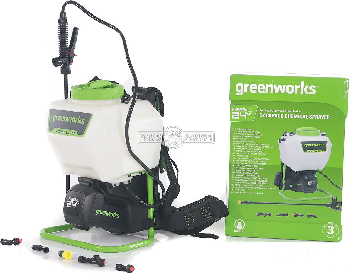 Опрыскиватель аккумуляторный GreenWorks G24BPSII без АКБ и ЗУ (PRC, 24В, ранцевый, 5 бар, 15 л, 1.9 л/мин, 4.8 кг)