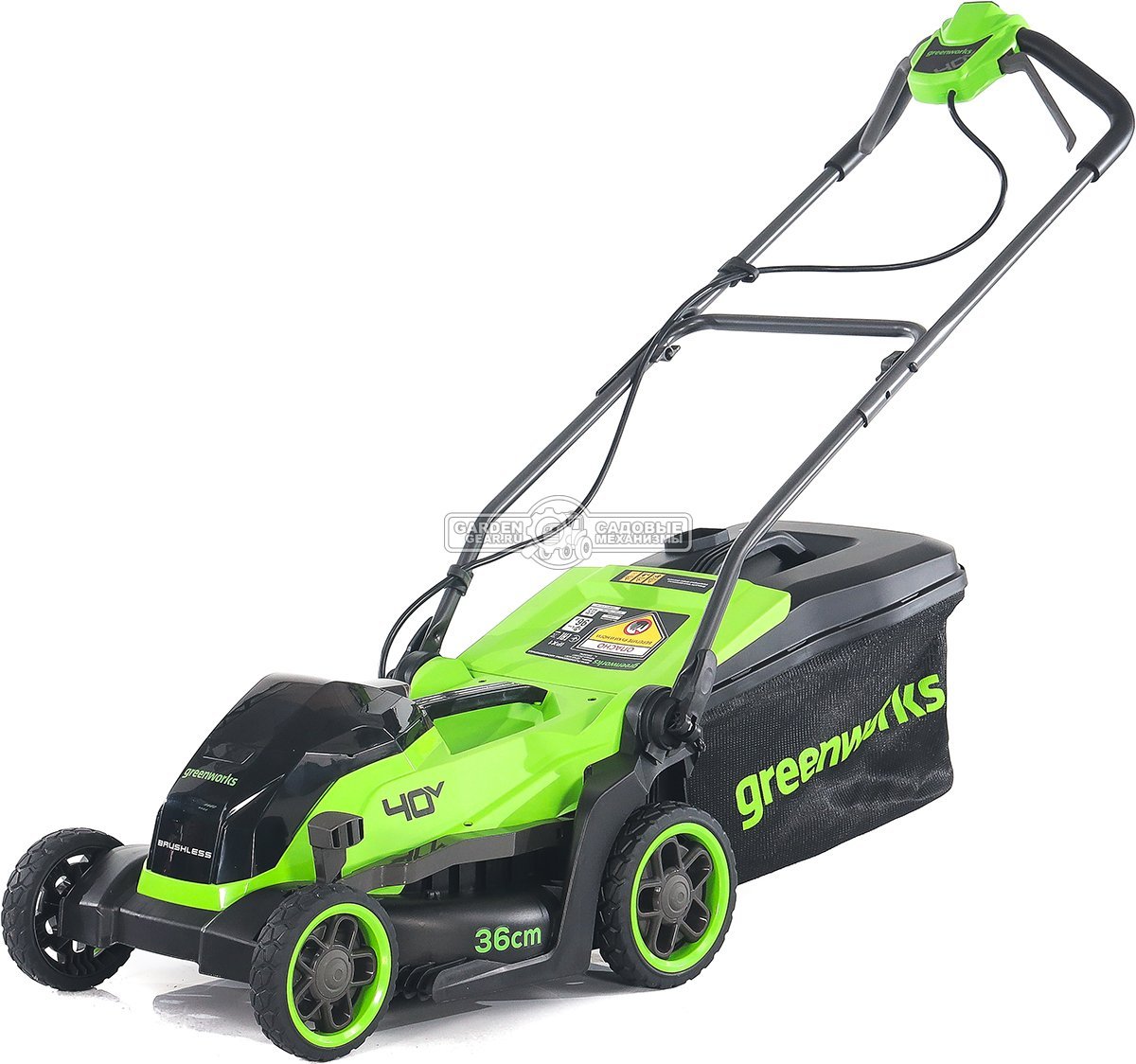 Газонокосилка аккумуляторная GreenWorks GD40LM361 без АКБ и ЗУ (PRC, BL 40В, 36 см, пластик, мульчирование, 40 л, 13 кг)