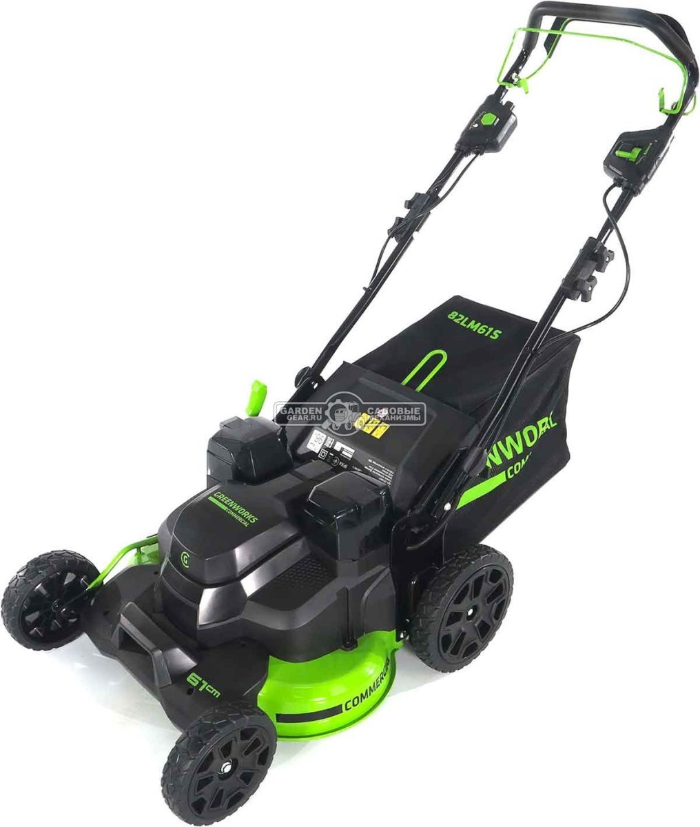 Газонокосилка аккумуляторная самоходная GreenWorks GC82LM61S TwinForce без АКБ и ЗУ (PRC, BL 82В, 61 см, сталь, 2 слота для АКБ, мульч., 70 л, 32 кг)