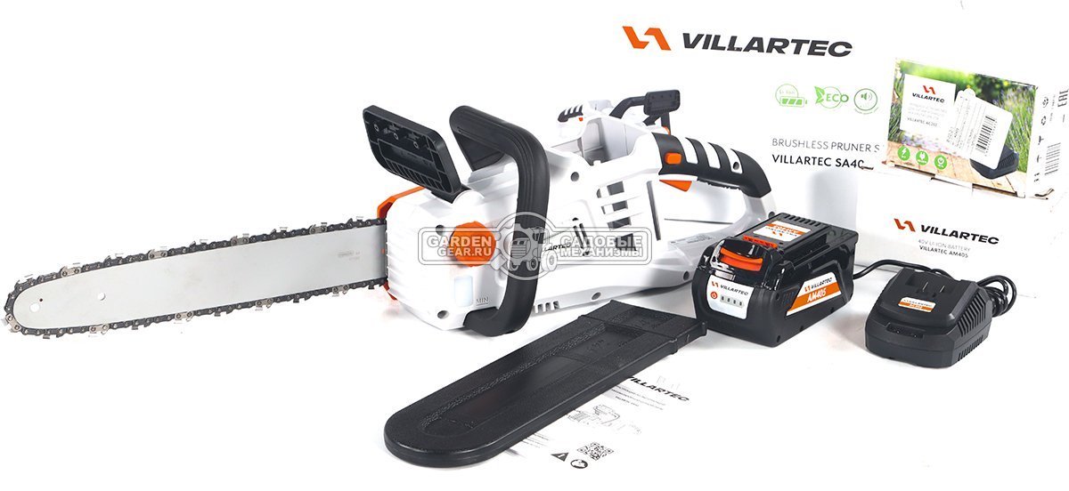 Пила аккумуляторная цепная Villartec SA40 с АКБ 5 А/ч и ЗУ (PRC, Li-Ion, 40В, шина 16" / 40 см, 3/8", 1.1 мм, 52E, 2.3 кг.)